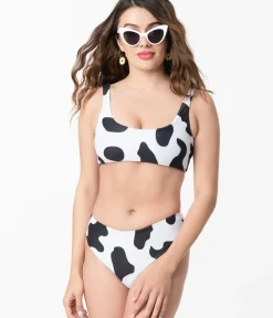 Unique Vintage Two Piece Swim>Black & White Cow Print Two Piece Swimsuit