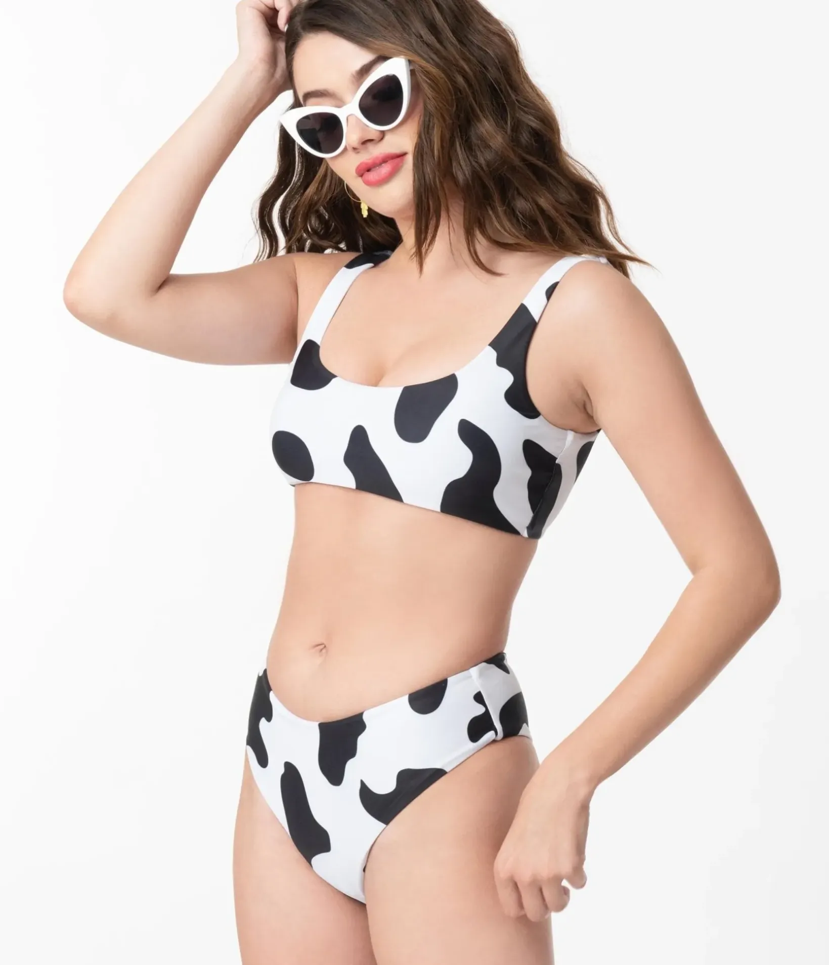 Unique Vintage Two Piece Swim>Black & White Cow Print Two Piece Swimsuit