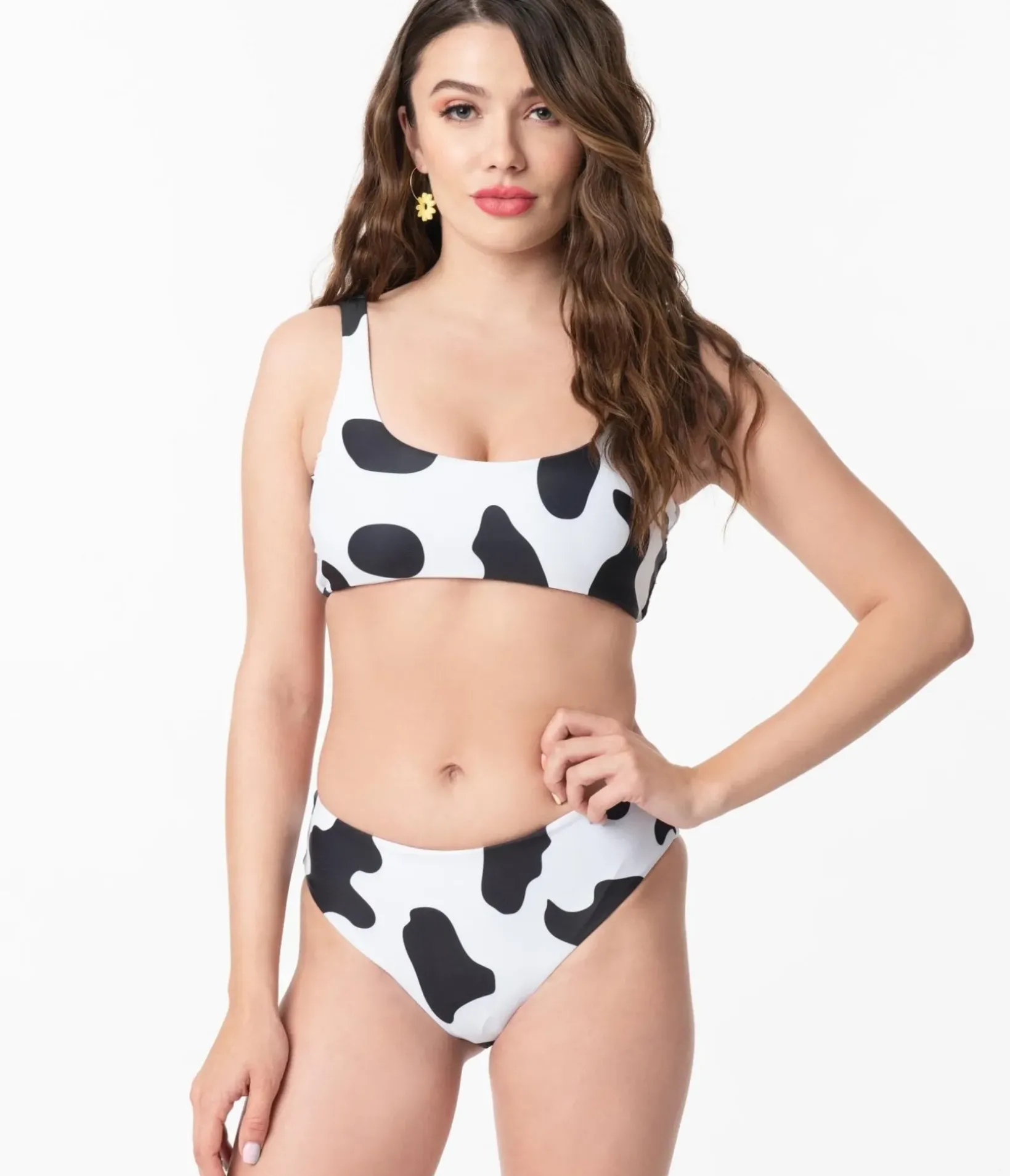 Unique Vintage Two Piece Swim>Black & White Cow Print Two Piece Swimsuit
