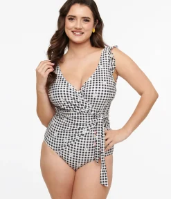 Unique Vintage One Piece Swim>Black & White Daisy Gingham Wrap One Piece Swimsuit