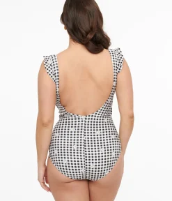 Unique Vintage One Piece Swim>Black & White Daisy Gingham Wrap One Piece Swimsuit