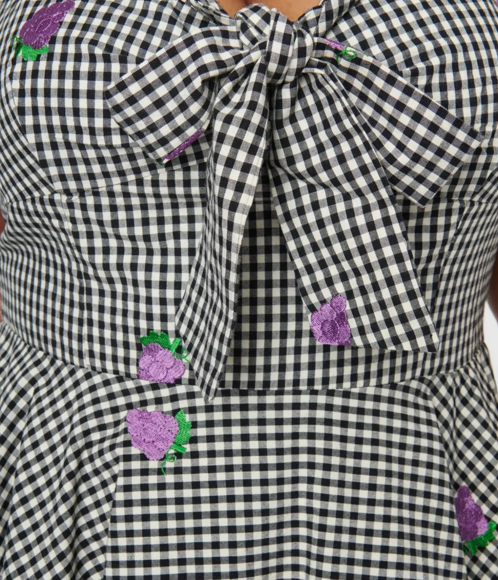 Unique Vintage Swing|Pocket Dresses>Black & White Gingham Grape Embroidered Halter Swing Dress