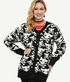 Unique Vintage Sweaters & Cardigans|Halloween>Black & White Hell Kitten Chunky Cardigan