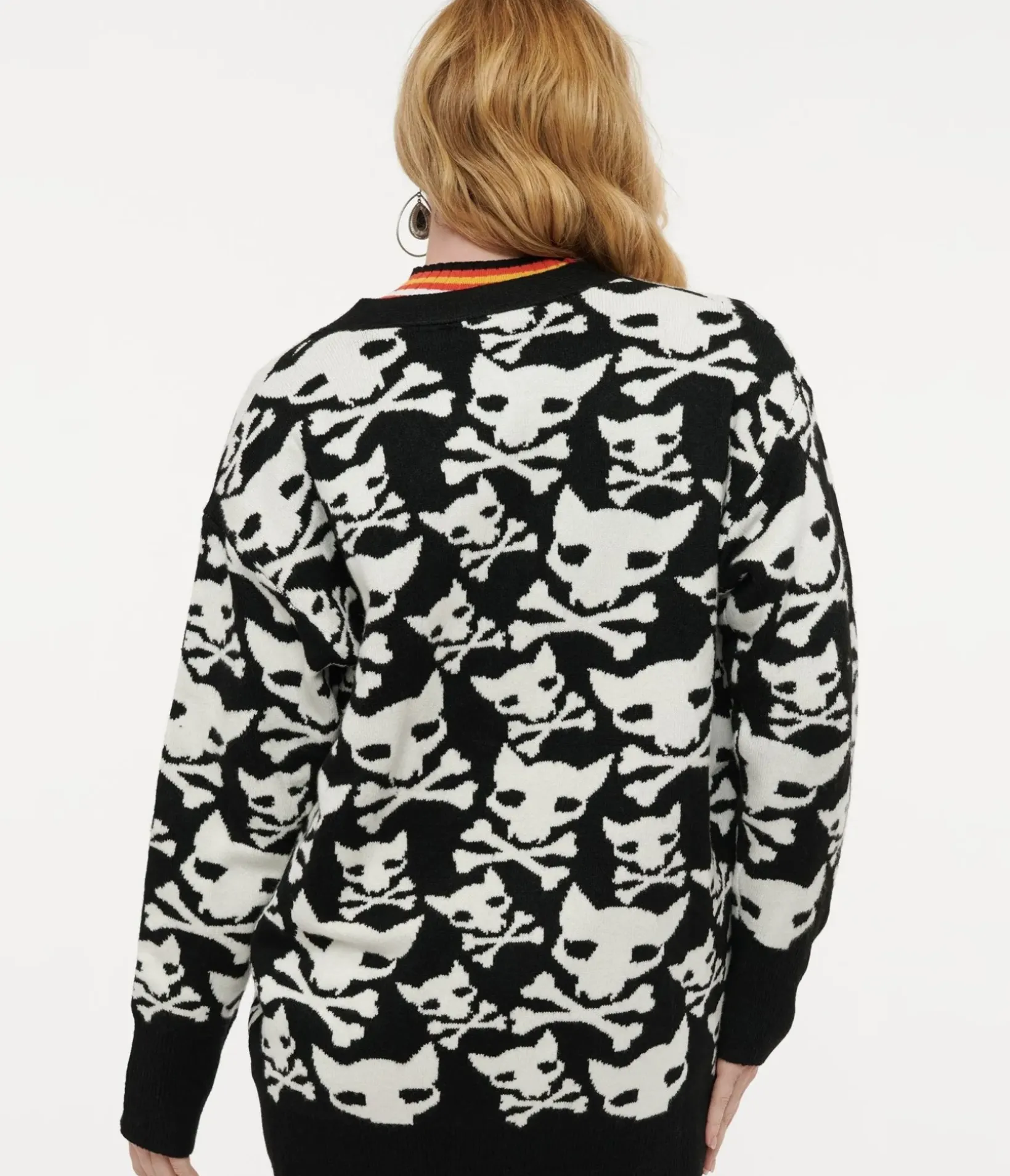 Unique Vintage Sweaters & Cardigans|Halloween>Black & White Hell Kitten Chunky Cardigan