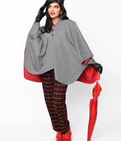 Unique Vintage Blouses|Coats & Jackets>Black & White Houndstooth Hooded Cape Coat
