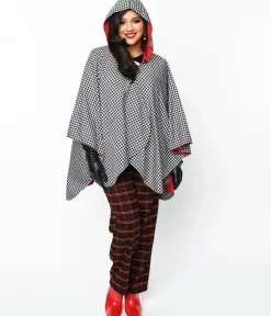 Unique Vintage Blouses|Coats & Jackets>Black & White Houndstooth Hooded Cape Coat