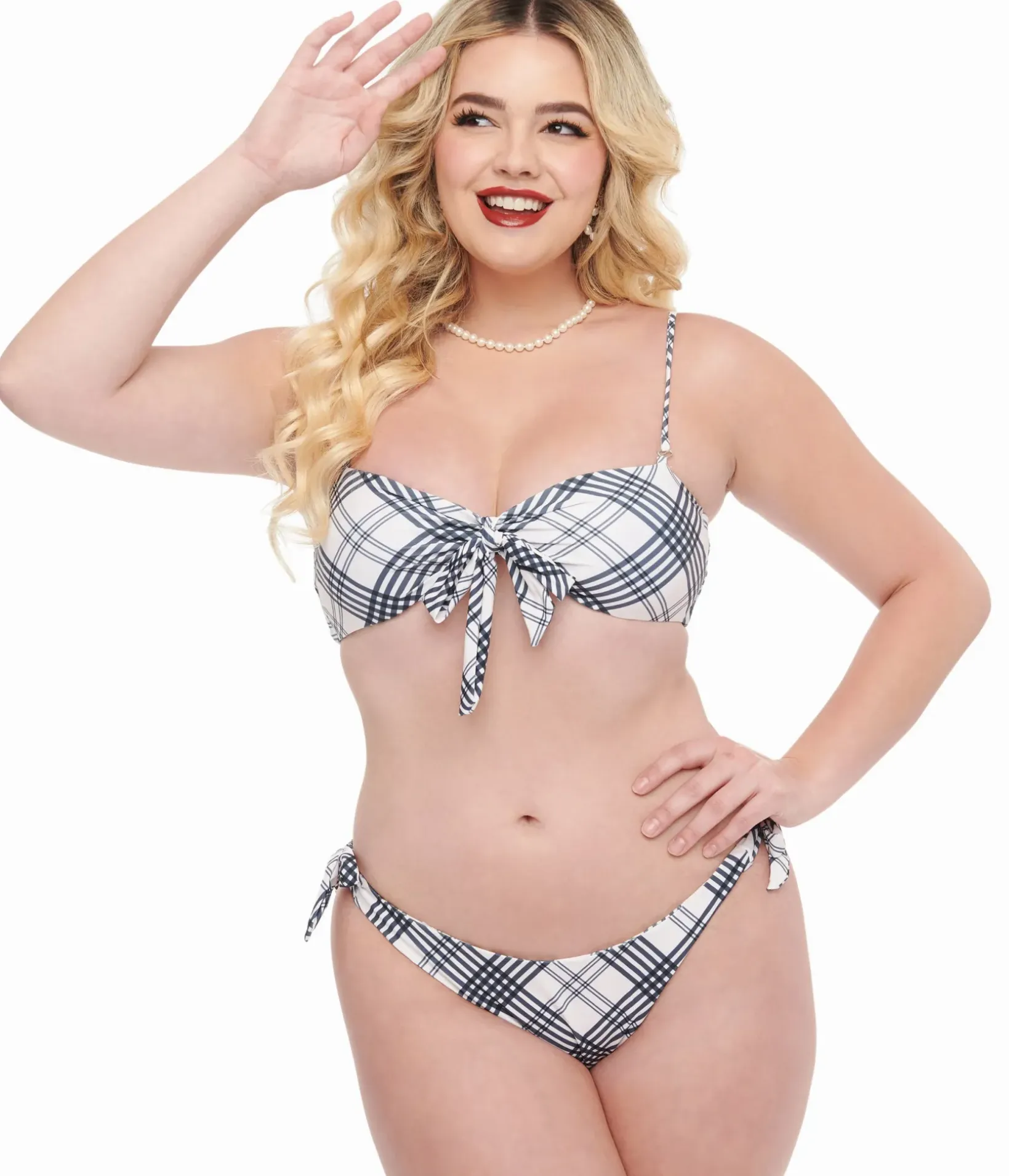 Unique Vintage Two Piece Swim>Black & White Plaid Two Piece Swim Set