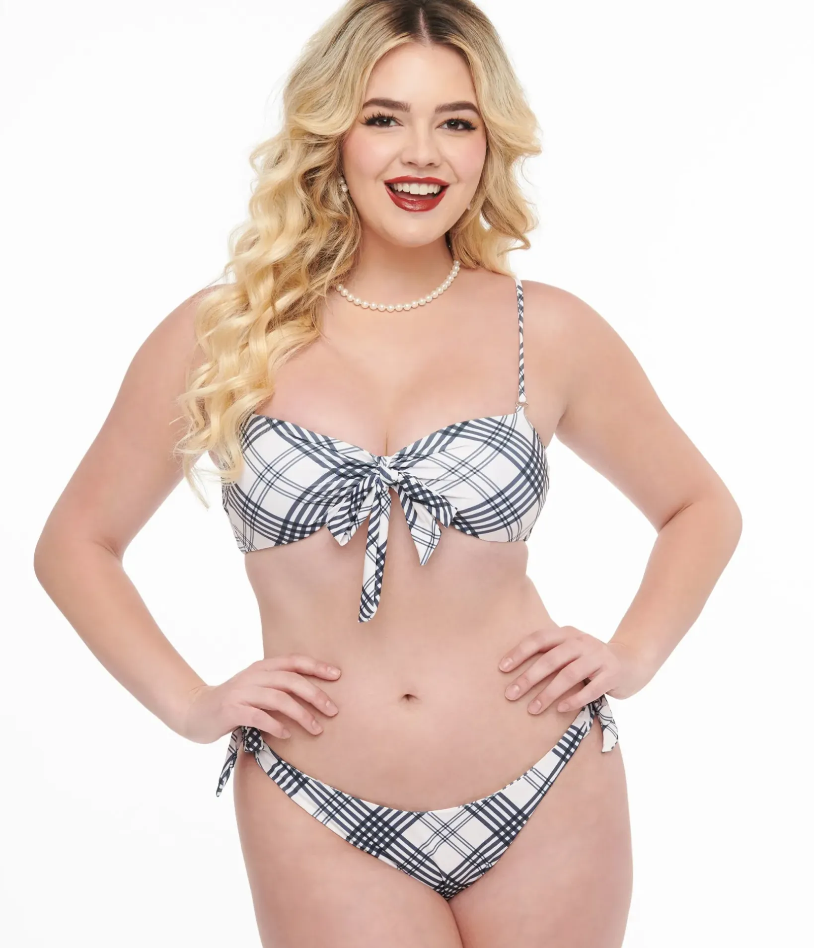 Unique Vintage Two Piece Swim>Black & White Plaid Two Piece Swim Set