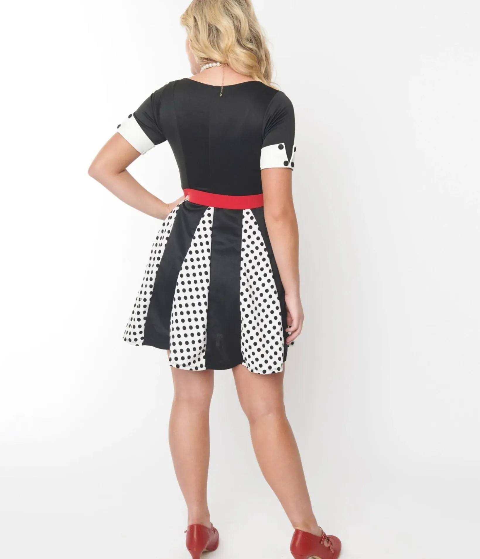 Unique Vintage Everyday Dresses>Black & White Polka Dot Godet Dress