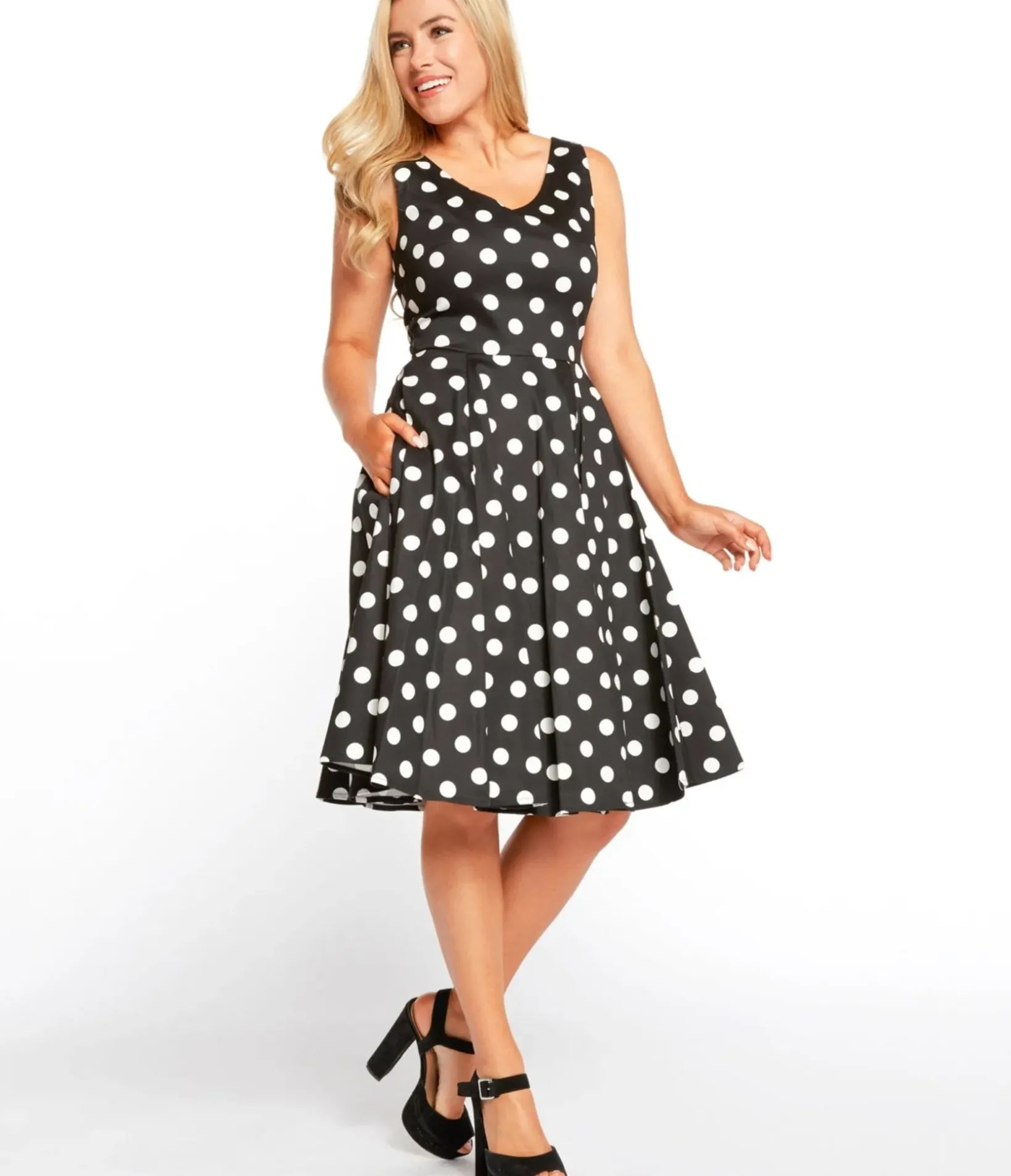 Unique Vintage Swing|Pocket Dresses>Black & White Polka Dot Sleeveless Swing Dress