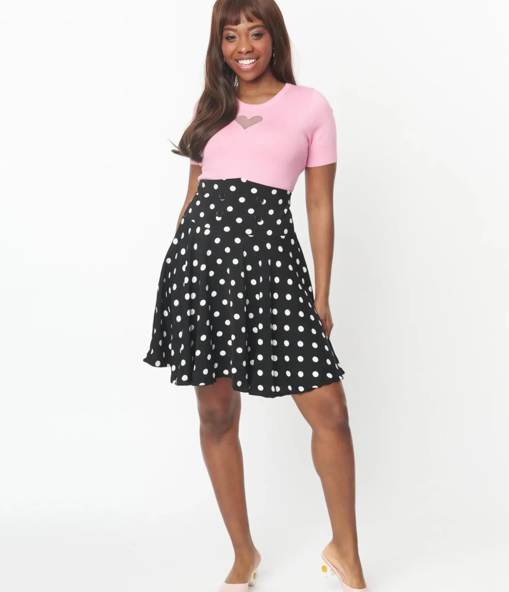 Unique Vintage Skirts|Skirts>Black & White Polka Dot Swing Skirt