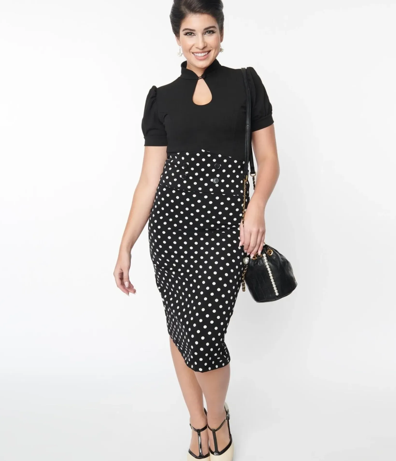 Unique Vintage Skirts|Pencil Skirts & Dresses>Black & White Polka Dot Wiggle Skirt