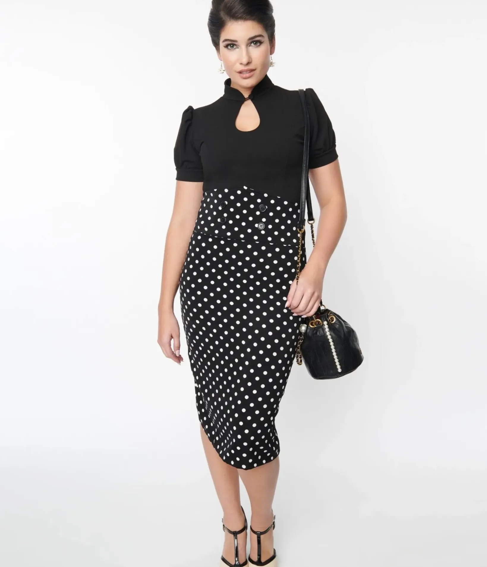 Unique Vintage Skirts|Pencil Skirts & Dresses>Black & White Polka Dot Wiggle Skirt