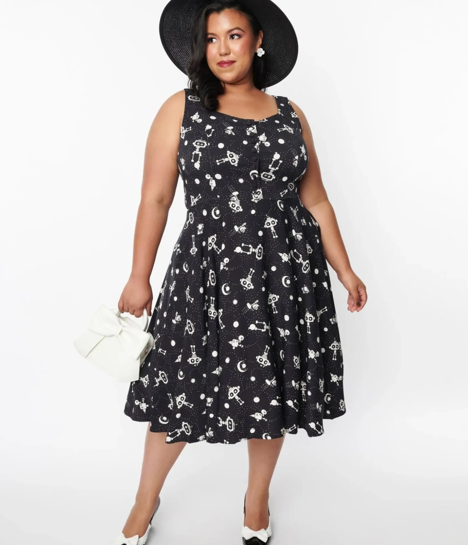 Unique Vintage Swing|Pocket Dresses>Black & White Robot Heidi Swing Dress
