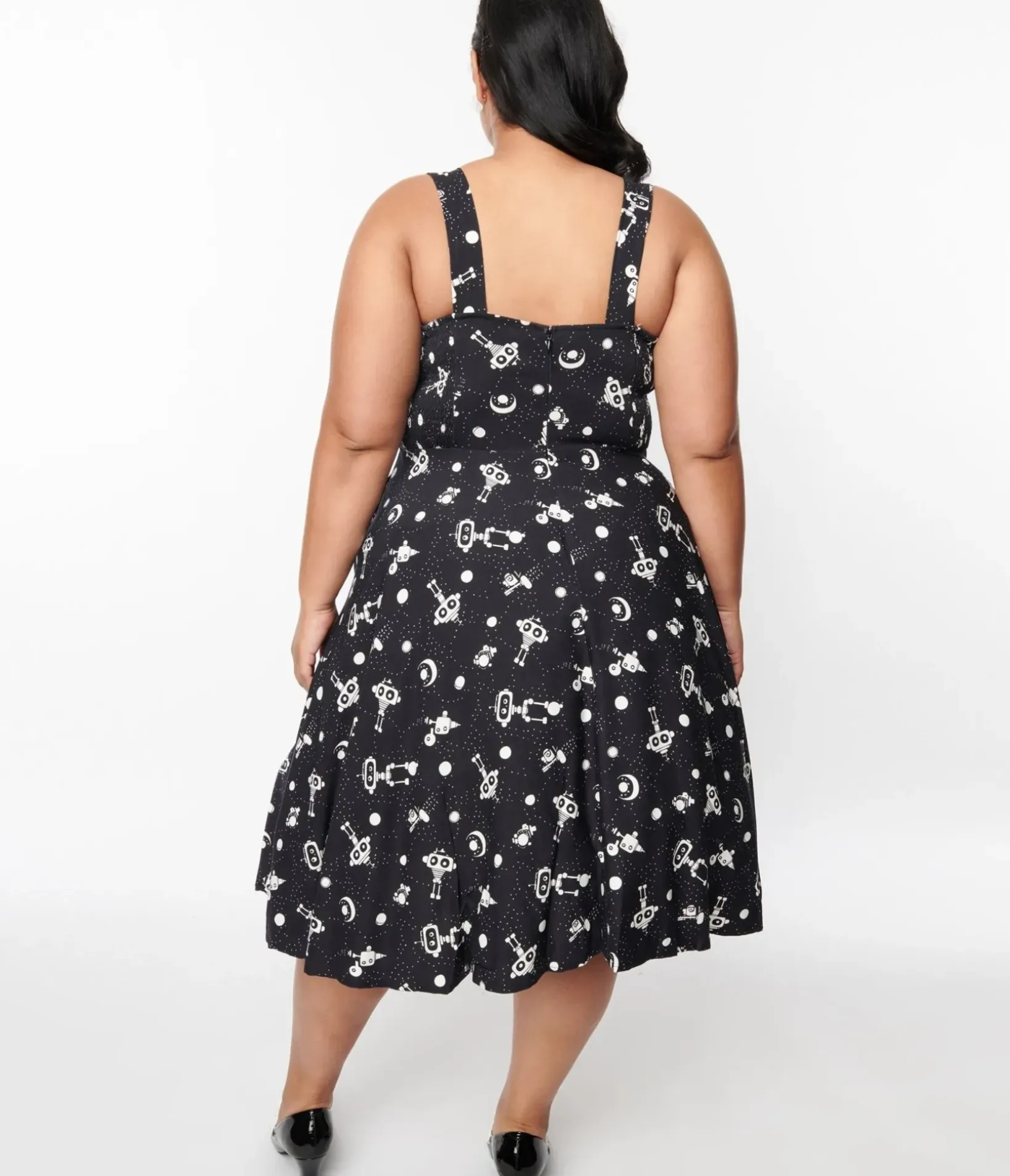 Unique Vintage Swing|Pocket Dresses>Black & White Robot Heidi Swing Dress