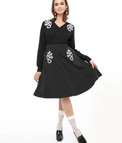Unique Vintage Skirts|Skirts>Black & White Snake Embroidered Swing Skirt
