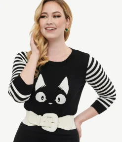 Unique Vintage Sweaters & Cardigans|All Things Black>Black & White Stripe Knit Kitty Sweater