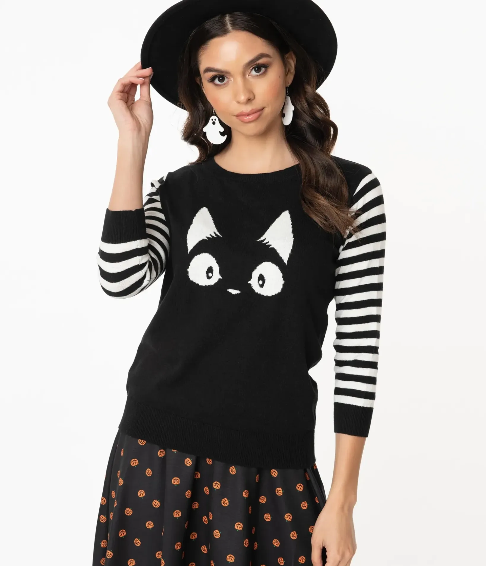 Unique Vintage Sweaters & Cardigans|All Things Black>Black & White Stripe Knit Kitty Sweater