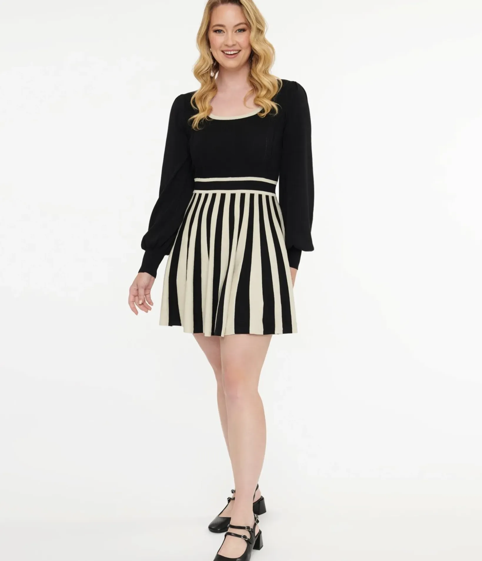 Unique Vintage Everyday Dresses>Black & White Stripe Sweater Mini Dress