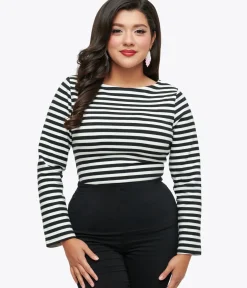 Unique Vintage Taylor Swift Inspired|Work Wear>Black & White Stripe Thea Top