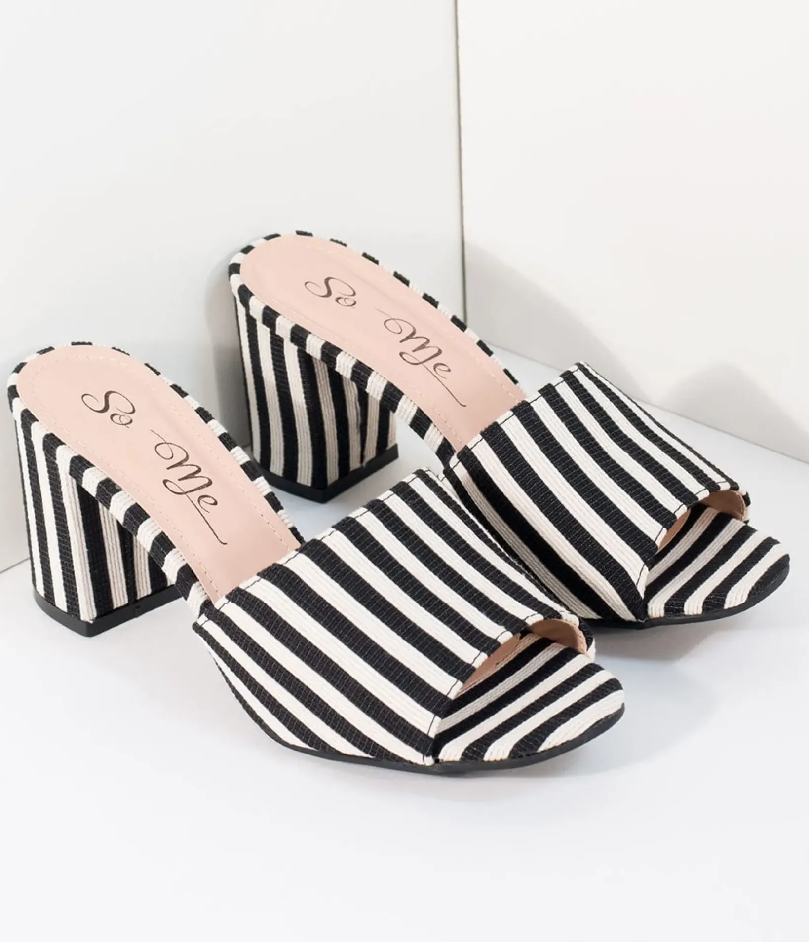 Unique Vintage Heels>Black & White Stripe Woven Peep Toe Mule Heels