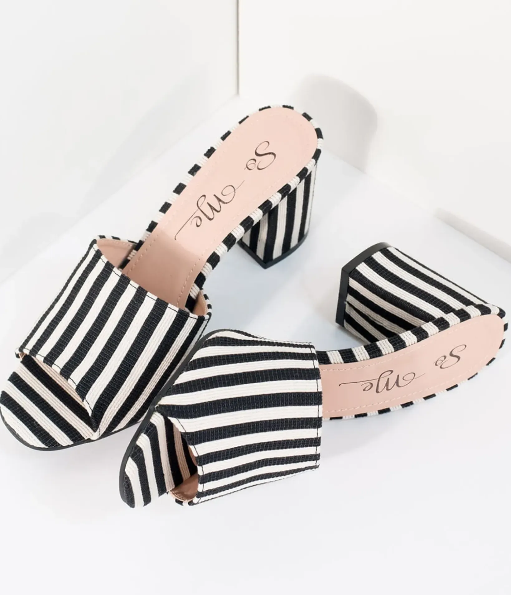 Unique Vintage Heels>Black & White Stripe Woven Peep Toe Mule Heels