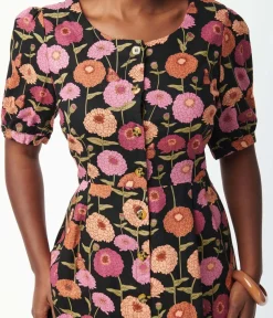 Unique Vintage Everyday Dresses>Black & Zinnia Floral Fit & Flare Dress