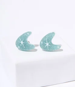 Unique Vintage Earrings>Blue Glitter Atomic Boomerang Stud Earrings