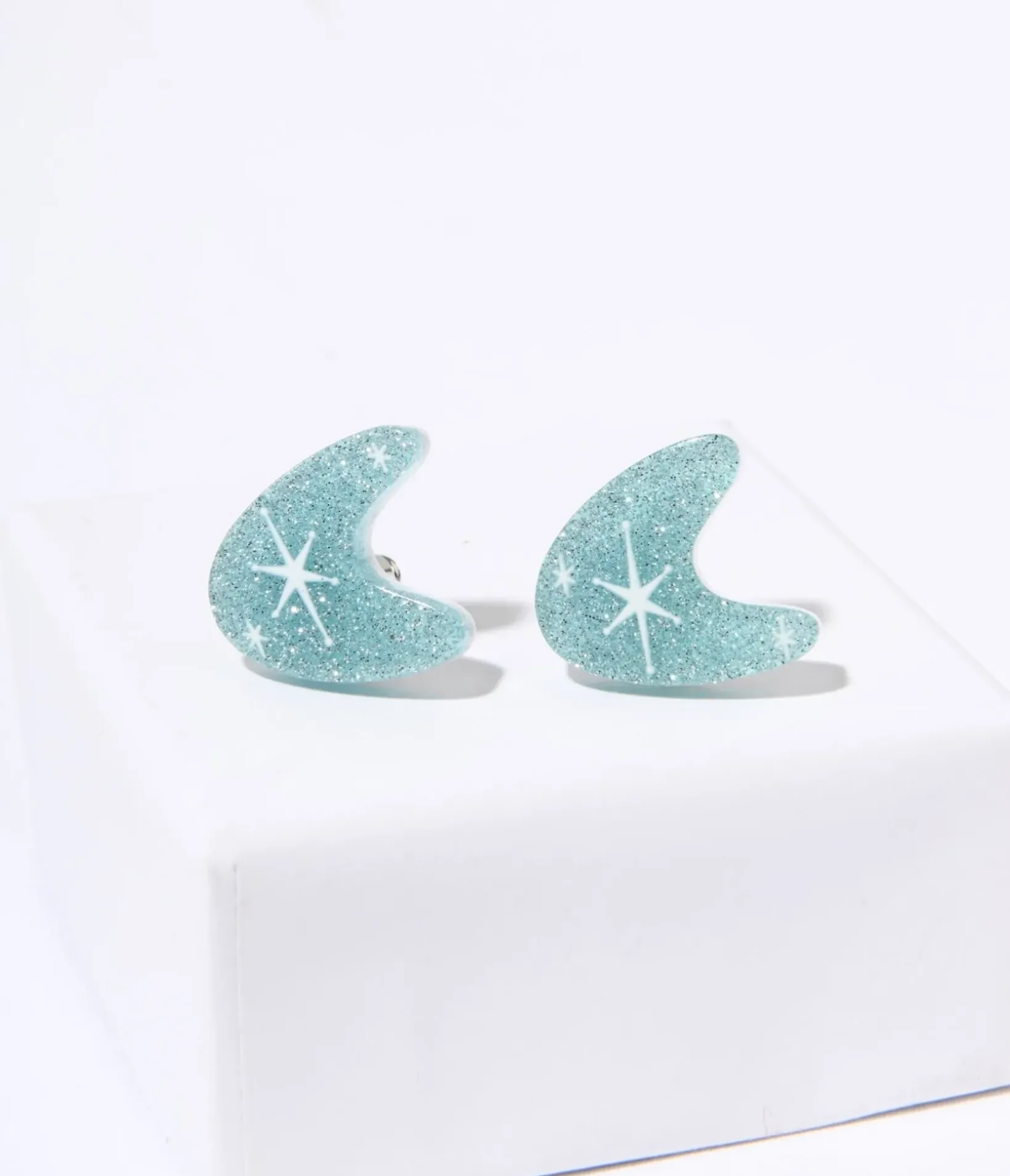 Unique Vintage Earrings>Blue Glitter Atomic Boomerang Stud Earrings
