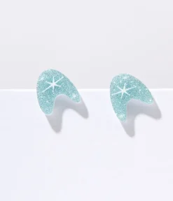Unique Vintage Earrings>Blue Glitter Atomic Boomerang Stud Earrings