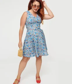 Unique Vintage Everyday Dresses>Blue Mushroom Fit & Flare Dress