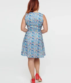 Unique Vintage Everyday Dresses>Blue Mushroom Fit & Flare Dress