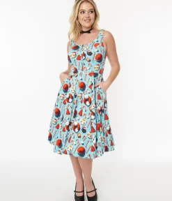 Unique Vintage Swing|Pocket Dresses>Blue Santa Kitty Print Swing Dress