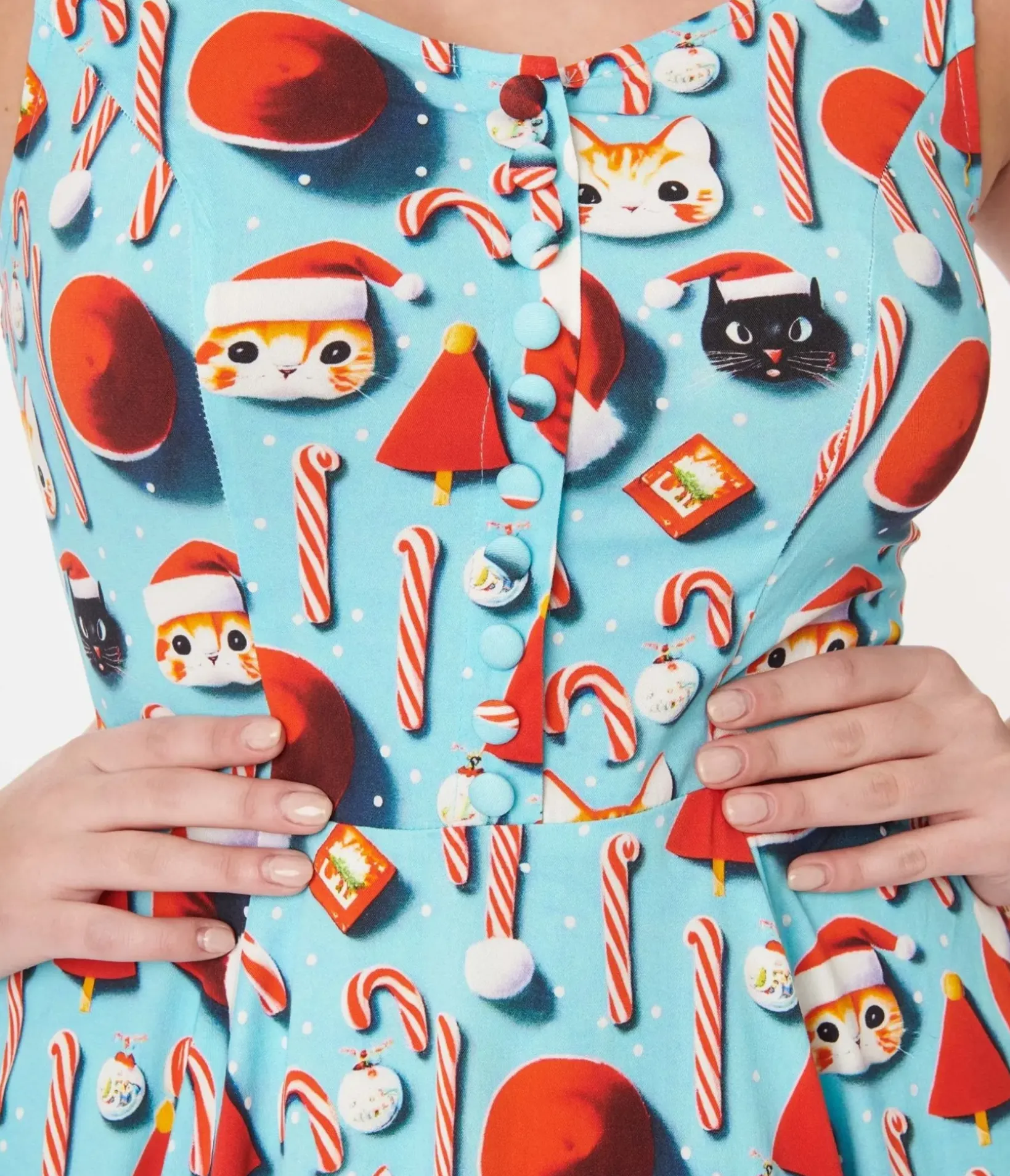 Unique Vintage Swing|Pocket Dresses>Blue Santa Kitty Print Swing Dress