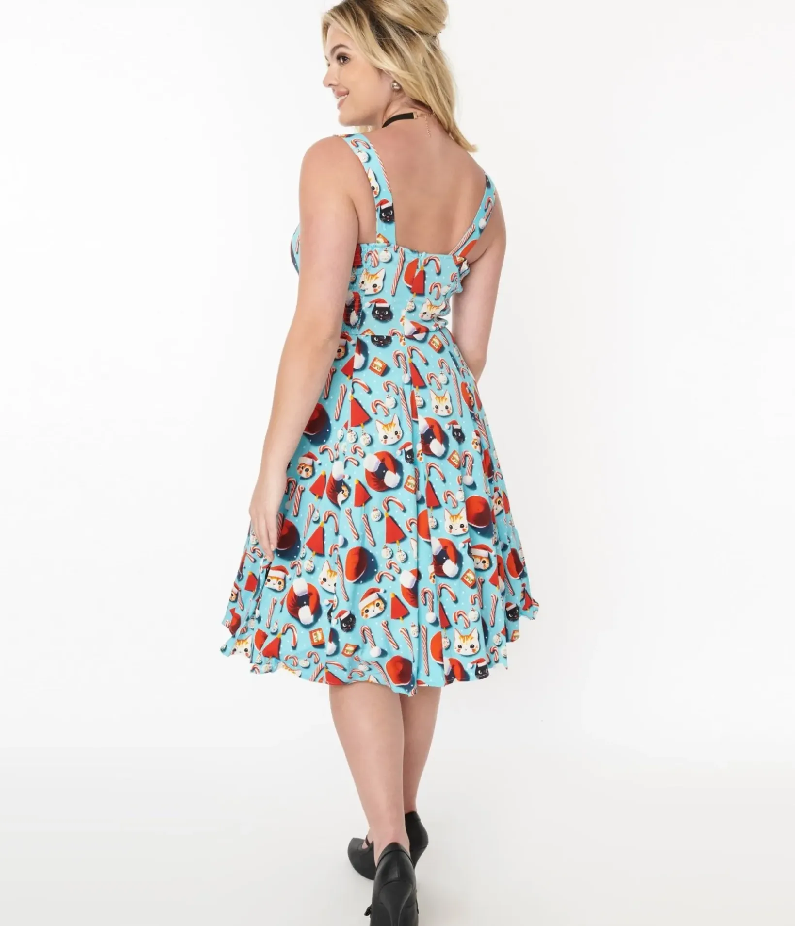Unique Vintage Swing|Pocket Dresses>Blue Santa Kitty Print Swing Dress
