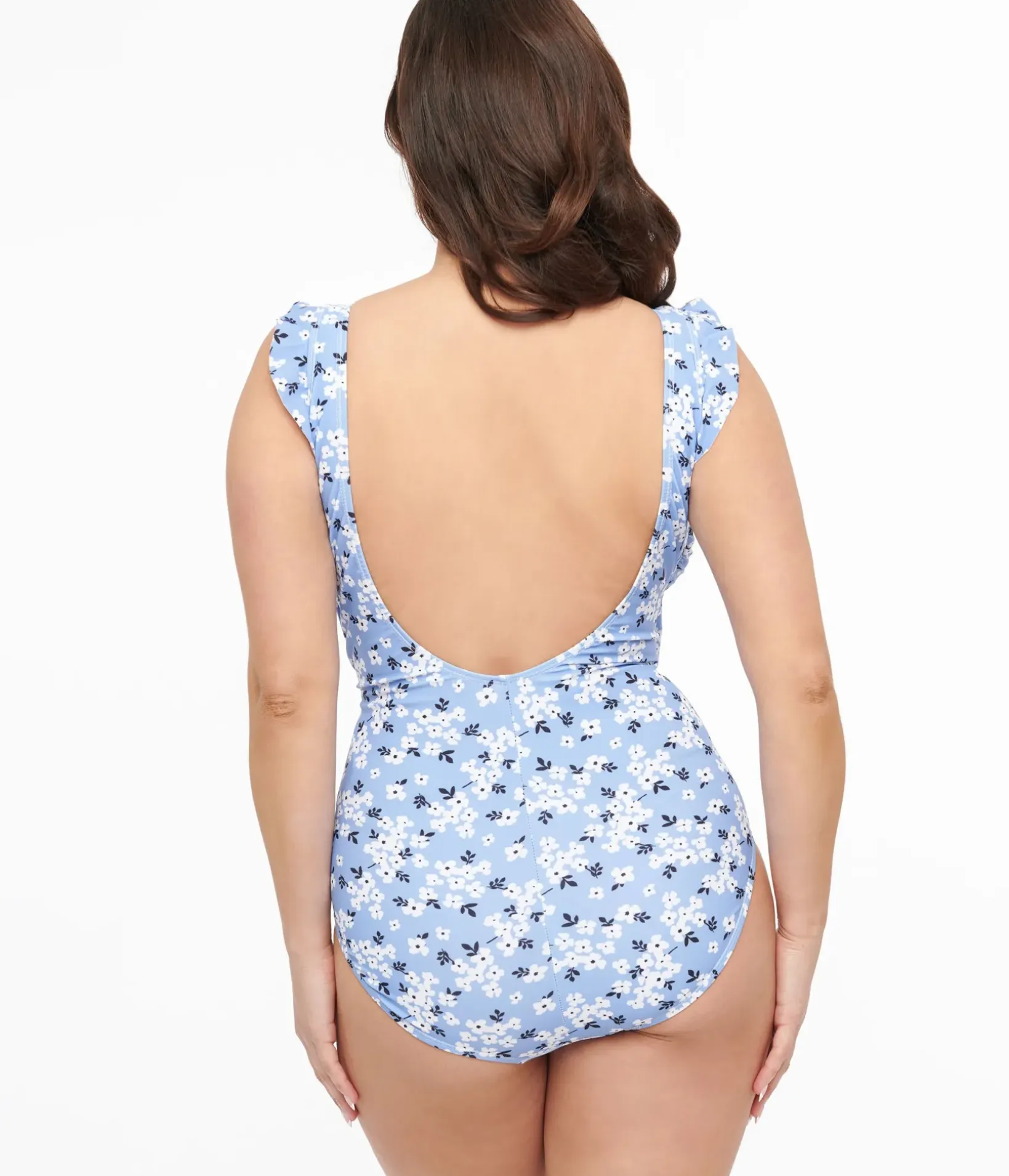 Unique Vintage One Piece Swim>Blue & White Blossom Wrap One Piece Swimsuit