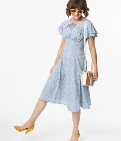 Unique Vintage Swing|Everyday Dresses>Blue & White Floral Print Lydia Swing Dress