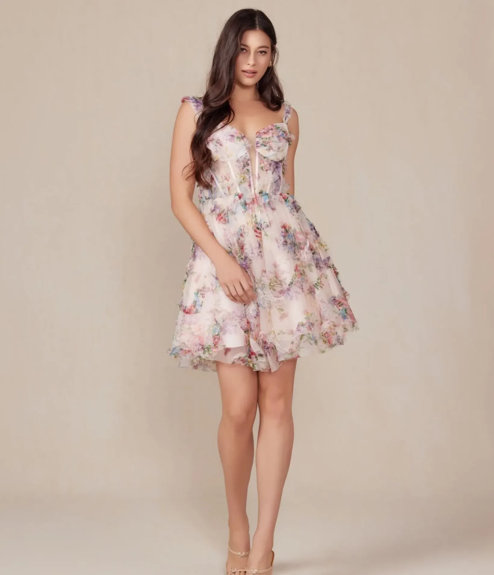 Unique Vintage Special Occasion|Wedding Guest>Blush Floral Print A-Line Mini Prom Dress