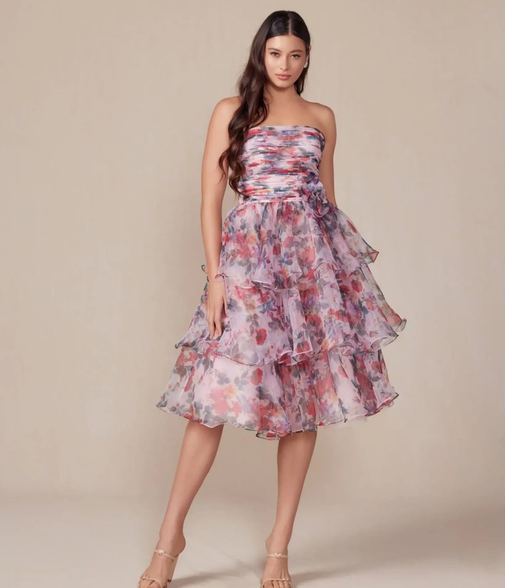 Unique Vintage Special Occasion|Prom Dresses>Blush Floral Print Short A-Line Strapless Prom Dress