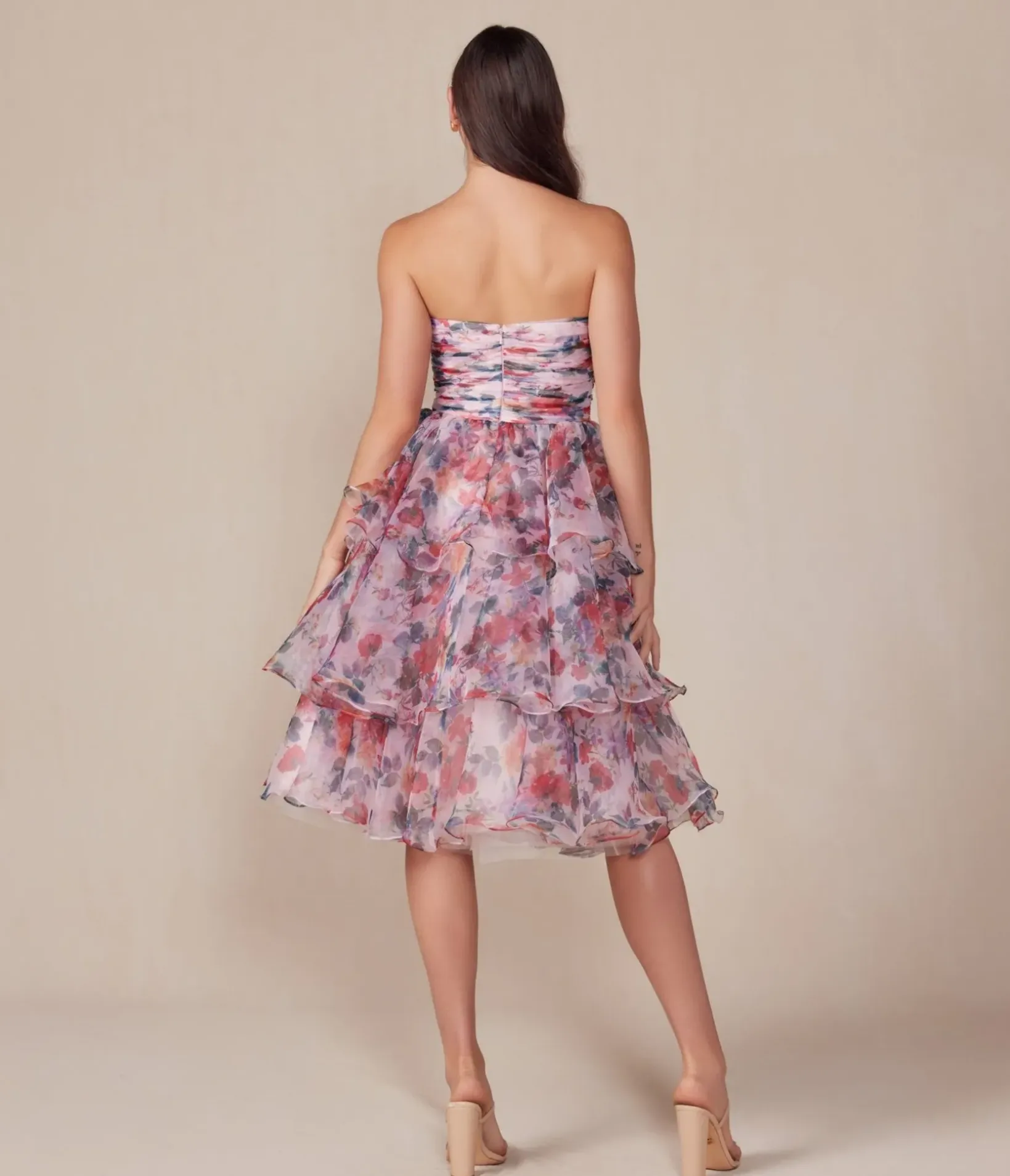 Unique Vintage Special Occasion|Prom Dresses>Blush Floral Print Short A-Line Strapless Prom Dress