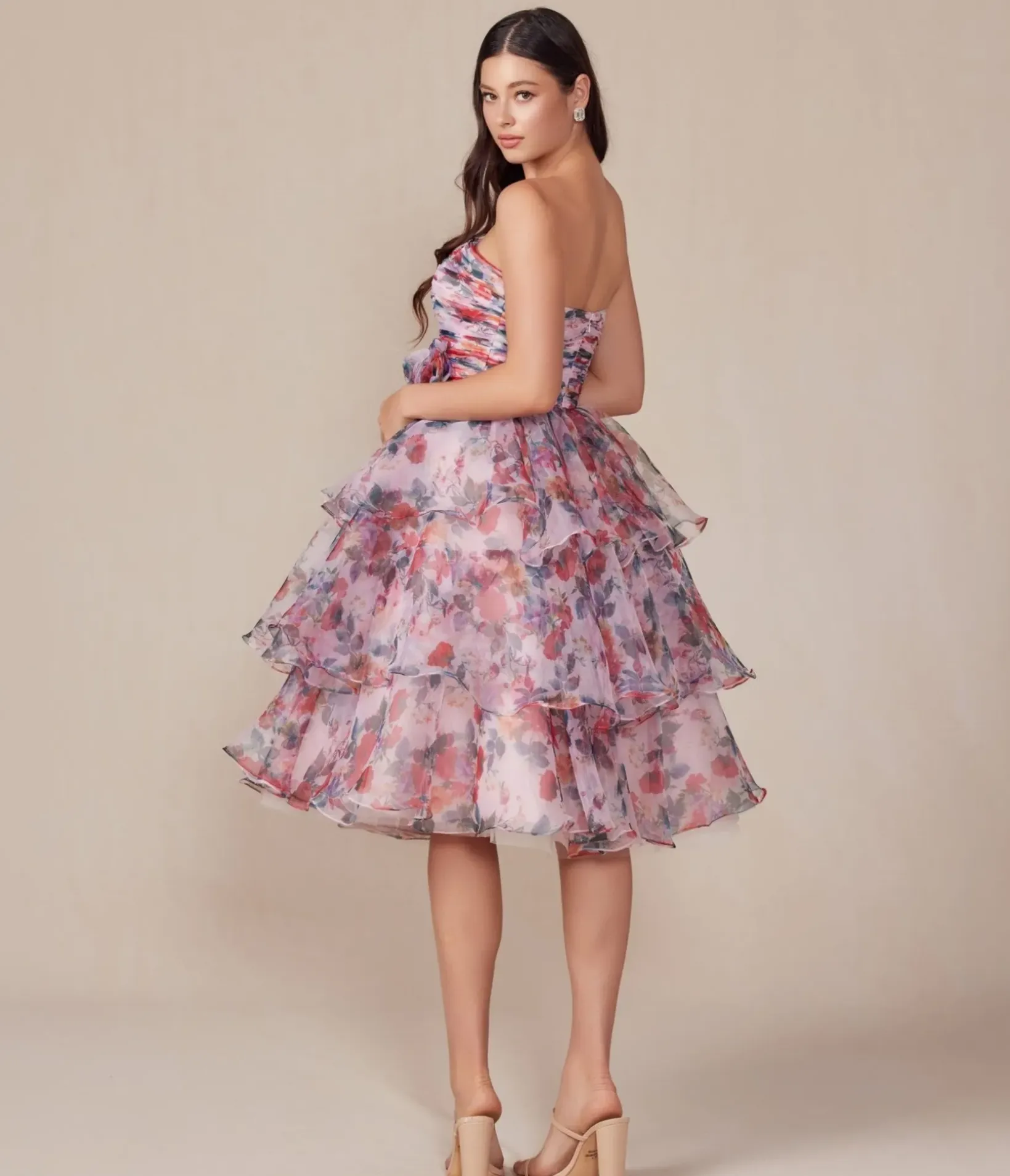 Unique Vintage Special Occasion|Prom Dresses>Blush Floral Print Short A-Line Strapless Prom Dress