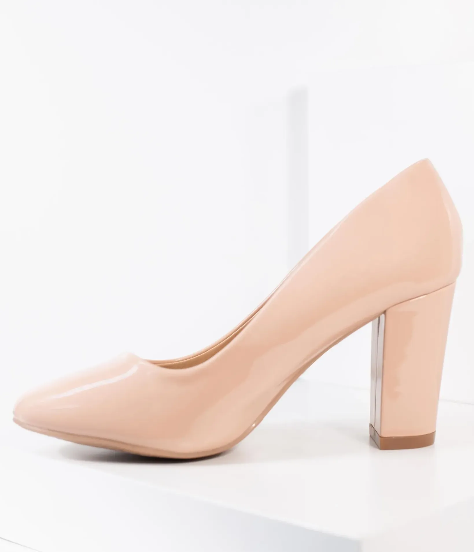Unique Vintage Heels|All Things Pink>Blush Pink Patent Leatherette Block Heel Pumps