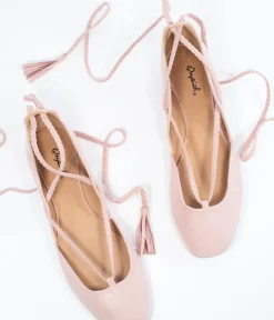 Unique Vintage Flats|All Things Pink>Blush Pink Suede Lace Up Flats