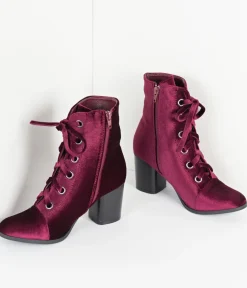 Unique Vintage Boots|Heels>Bordeaux Purple Velvet Lace Up Bootie