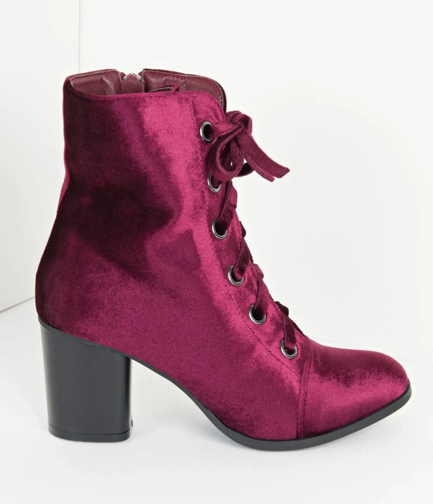Unique Vintage Boots|Heels>Bordeaux Purple Velvet Lace Up Bootie