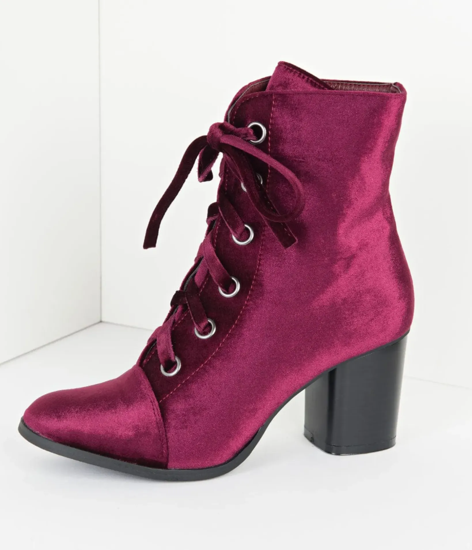 Unique Vintage Boots|Heels>Bordeaux Purple Velvet Lace Up Bootie