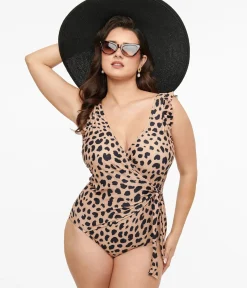 Unique Vintage One Piece Swim>Brown & Black Leopard Print Wrap One Piece Swimsuit