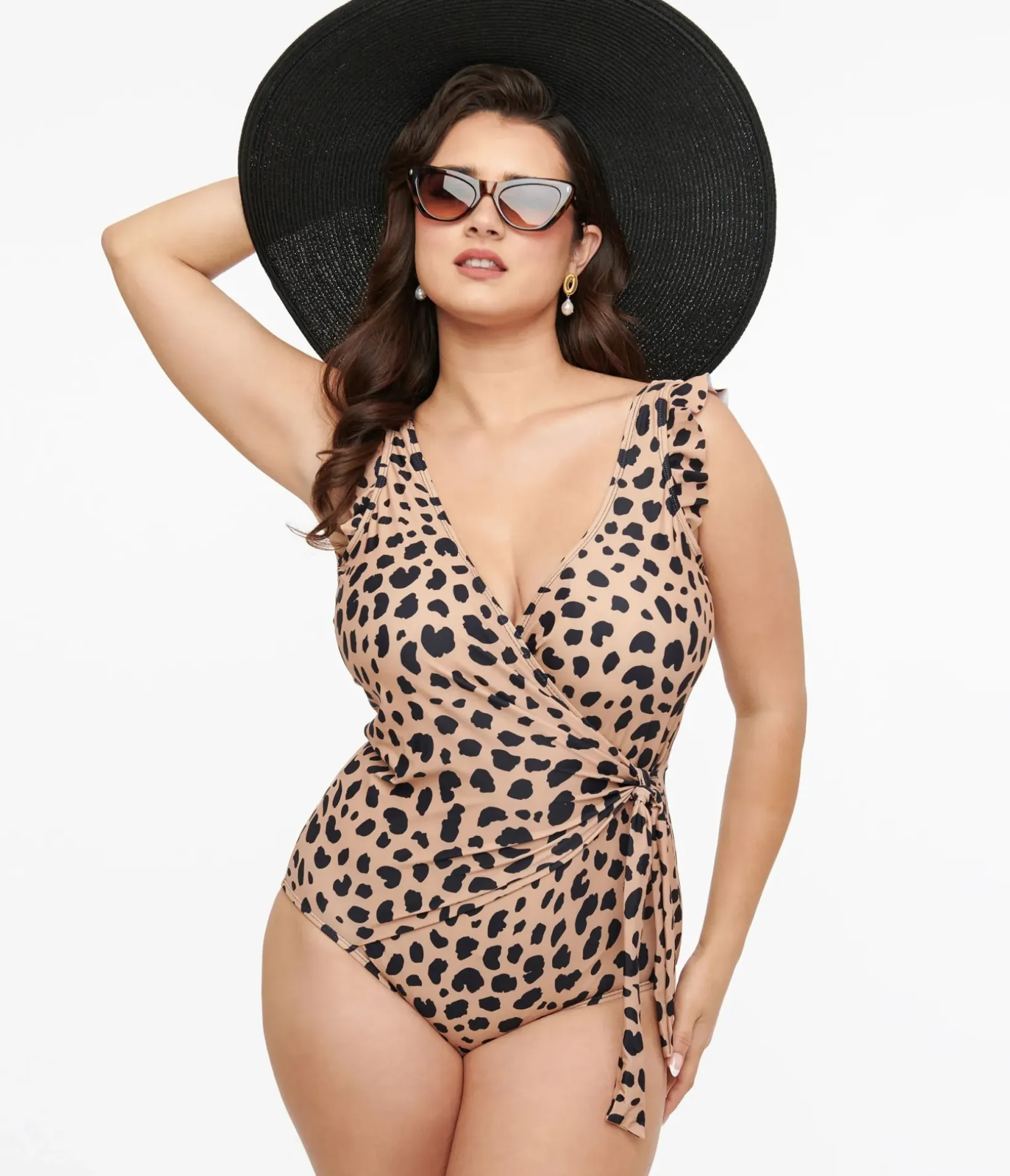 Unique Vintage One Piece Swim>Brown & Black Leopard Print Wrap One Piece Swimsuit