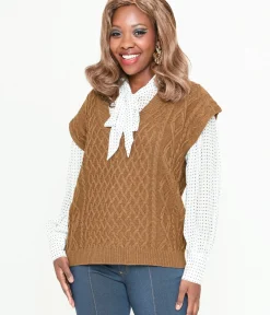 Unique Vintage Sweaters & Cardigans|Sweaters & Cardigans>Brown Cable Knit Sweater Vest