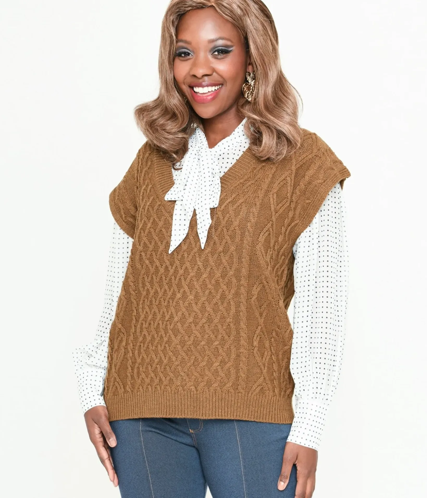 Unique Vintage Sweaters & Cardigans|Sweaters & Cardigans>Brown Cable Knit Sweater Vest